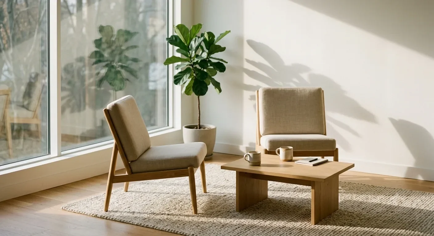 A bright still room with two chairs in morning sun
