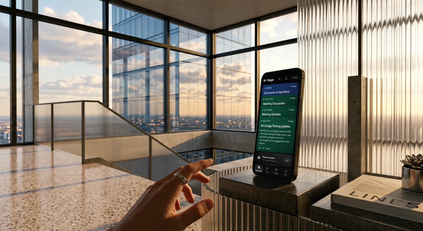 A hand reaching toward a phone in a glass-walled room at dusk, its screen showing a feed of Roger memories
