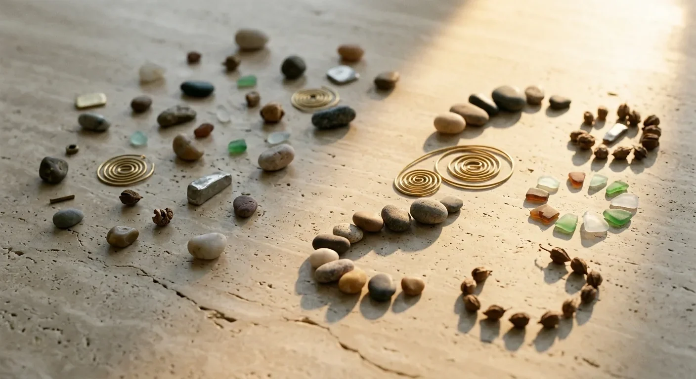 Scattered stones and spirals resolving into ordered arcs in raking light